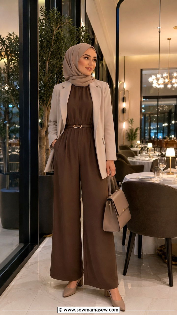 Wide Leg Jumpsuit With Structured Blazer And Low Heels - 30 Modest travel outfit ideas