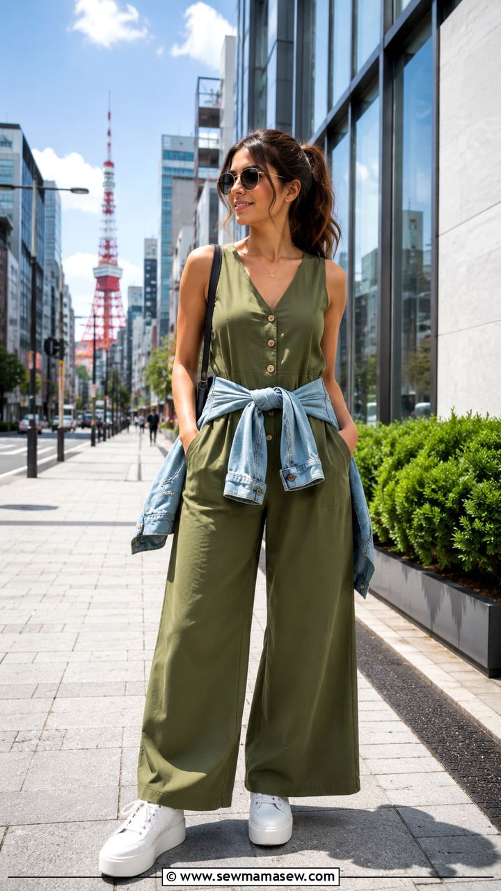 Wide Leg Jumpsuit With Trainers And Denim Jacket - 30 Tokyo vacation outfit ideas