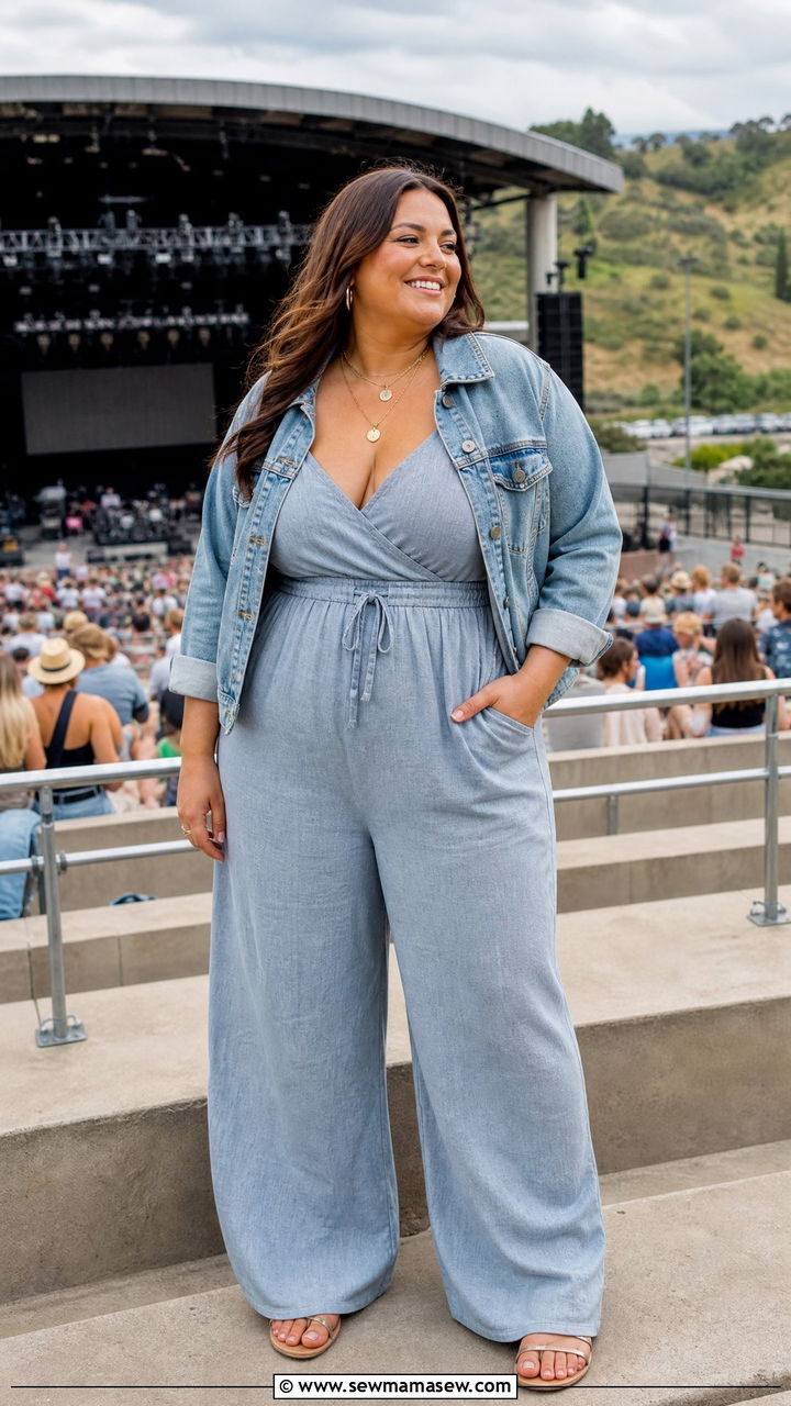 Wide Leg Jumpsuit with Denim Jacket and Sandals - 30 Country concert outfit ideas plus size