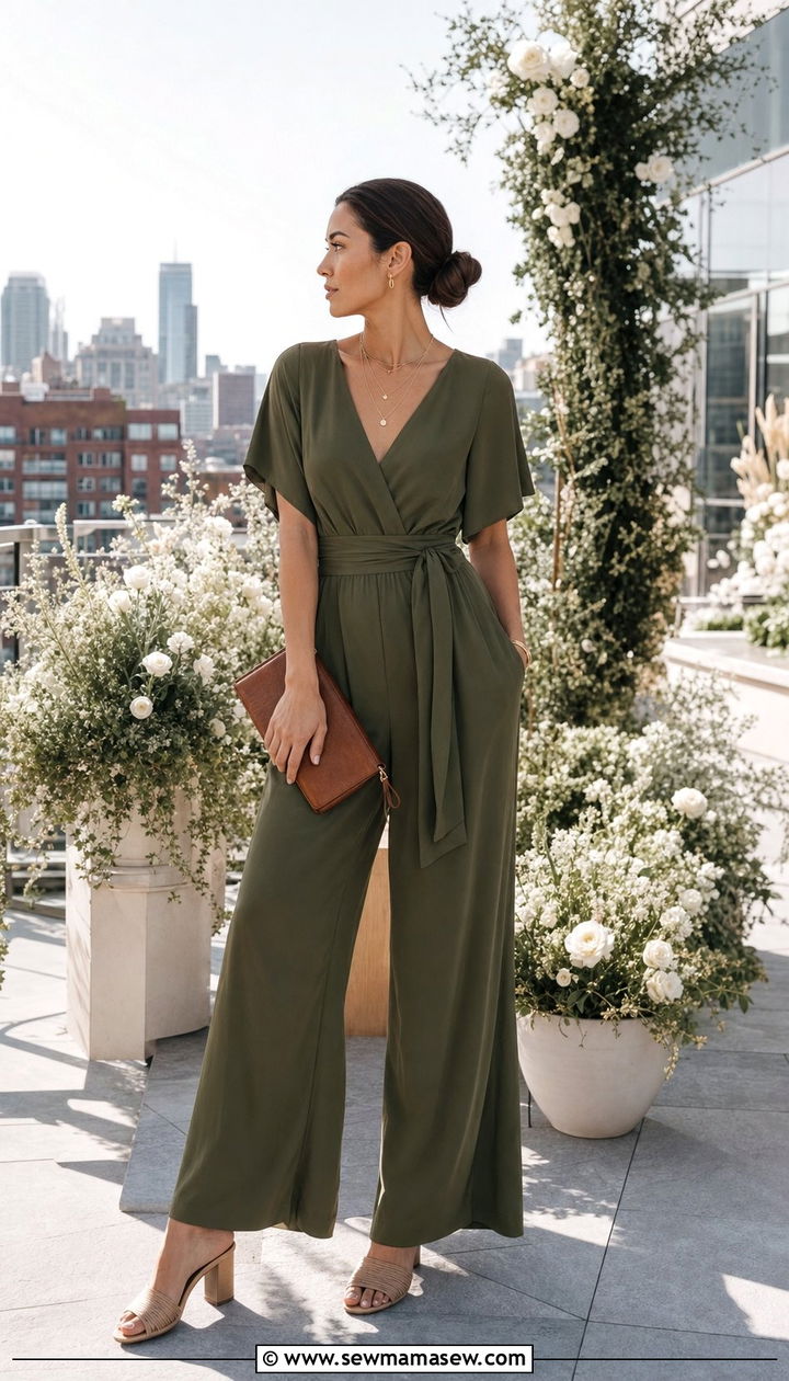 Wide Leg Jumpsuit with Heeled Mules - 35 Boho wedding guest outfits