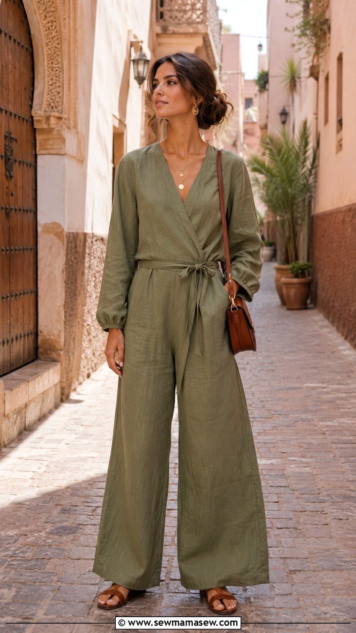 Wide Leg Jumpsuit with Leather Sandals - 20 Modest outfit ideas for Morocco