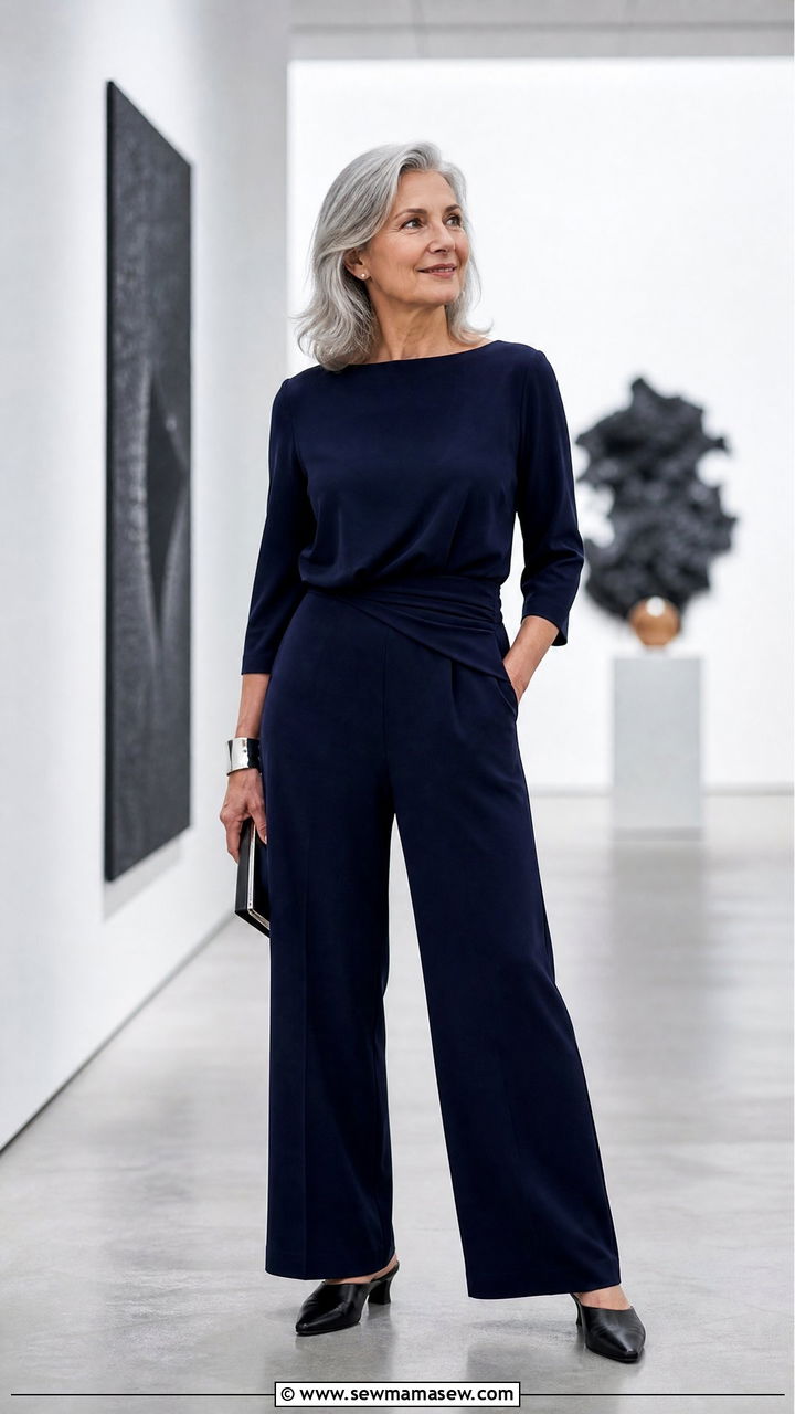 Wide Leg Jumpsuit with Minimalist Jewelry - 20 Quiet luxury outfit ideas for women over 60