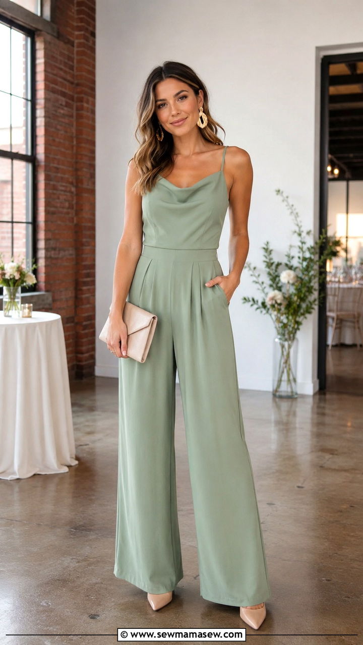 Wide Leg Jumpsuit with Statement Earrings - 30 casual spring wedding guest outfits