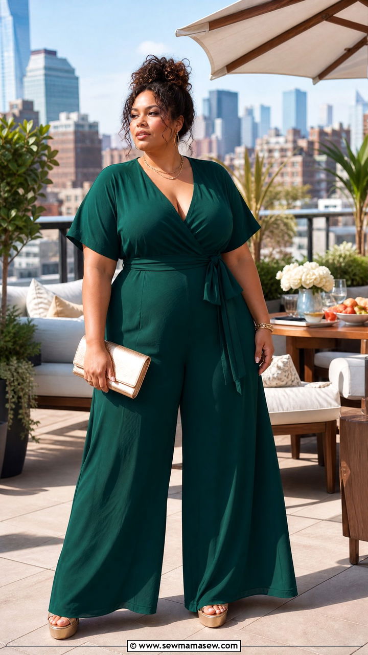 Wide Leg Jumpsuit with Wrap Front Detail - 30 Brunch outfit ideas plus size
