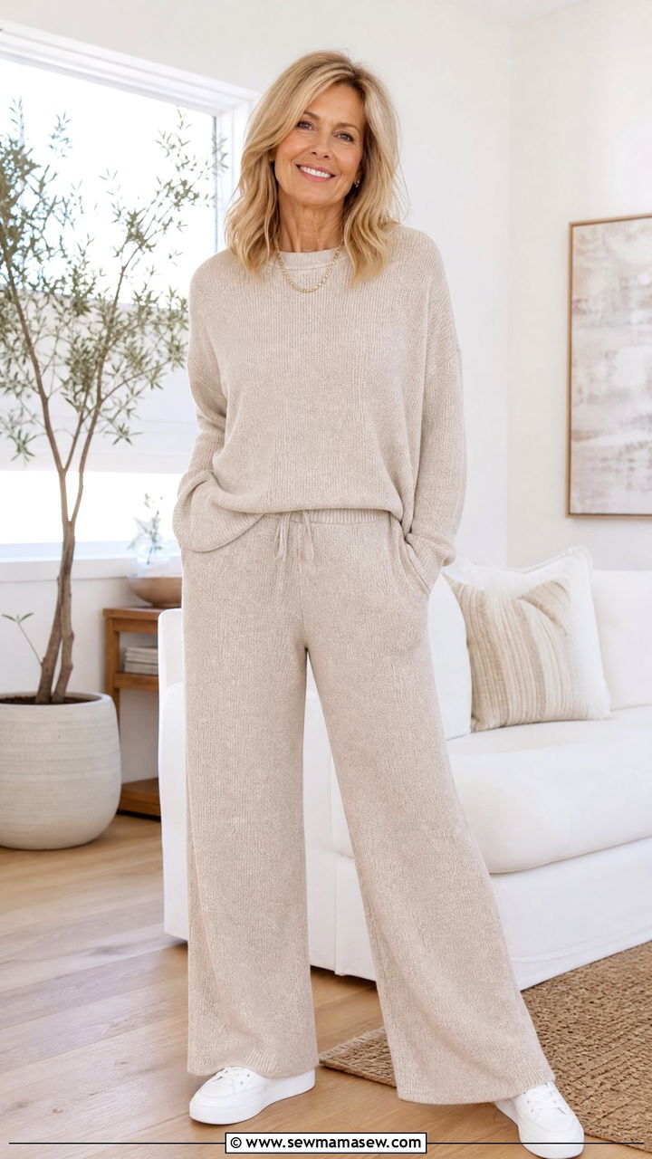 Wide Leg Knit Lounge Set With Sneakers - 25 Loungewear outfit ideas for women over 50