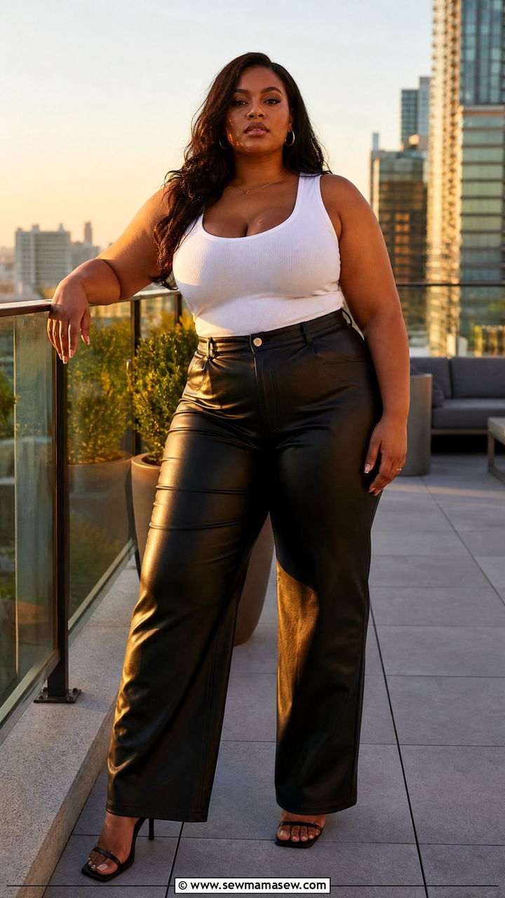 Wide Leg Leather Pants With Fitted Tank and Heeled Sandals - 25 Leather pants outfit ideas plus size