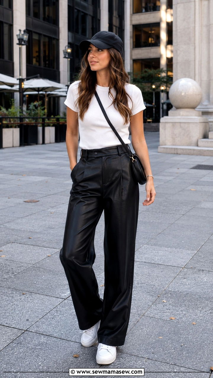 Wide Leg Leather Pants With Fitted Tee and Minimalist Sneakers - 30 Leather pants outfit ideas with sneakers