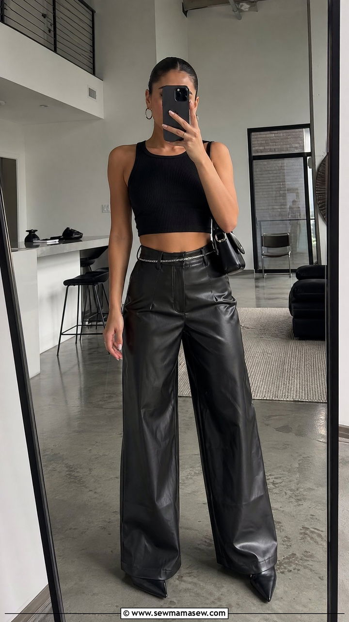 Wide Leg Leather Pants and Cropped Tank Outfit - 35 Edgy outfit ideas