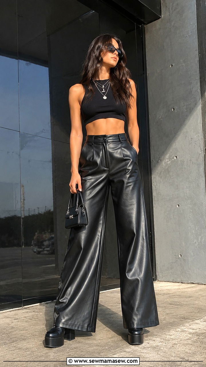 Wide Leg Leather Pants with Cropped Top Outfit - 25 Rock concert outfit ideas
