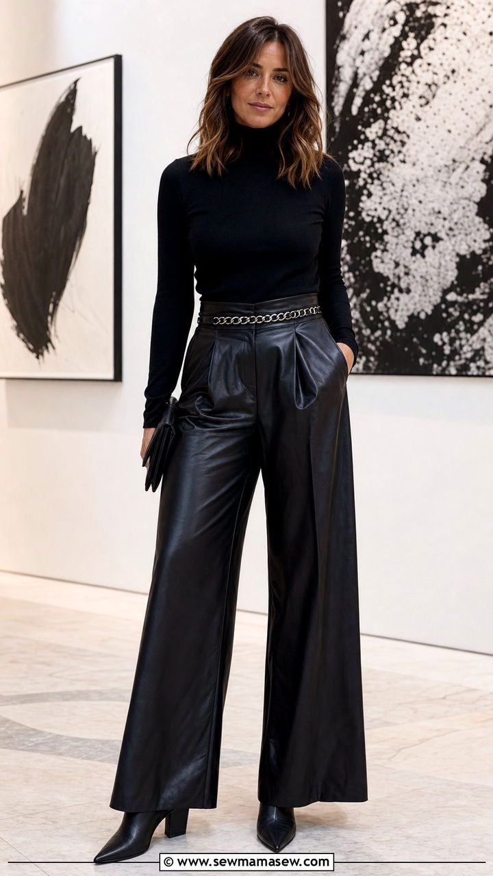 Wide Leg Leather Trousers Outfit with Fitted Turtleneck - 25 edgy capsule wardrobe outfits