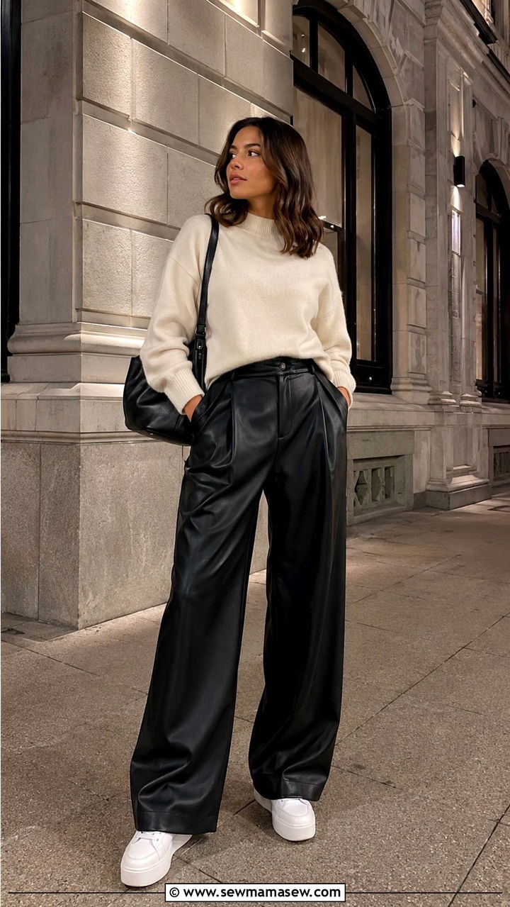 Wide Leg Leather Trousers With Sneakers - 25 Wide leg trousers outfit ideas with sneakers