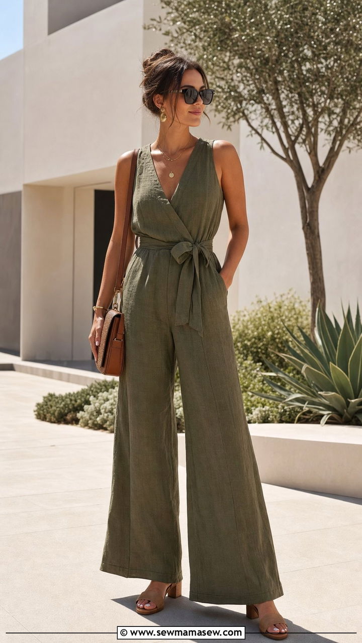 Wide Leg Linen Jumpsuit With Block Heels - 25 Summer outfits for dry heat
