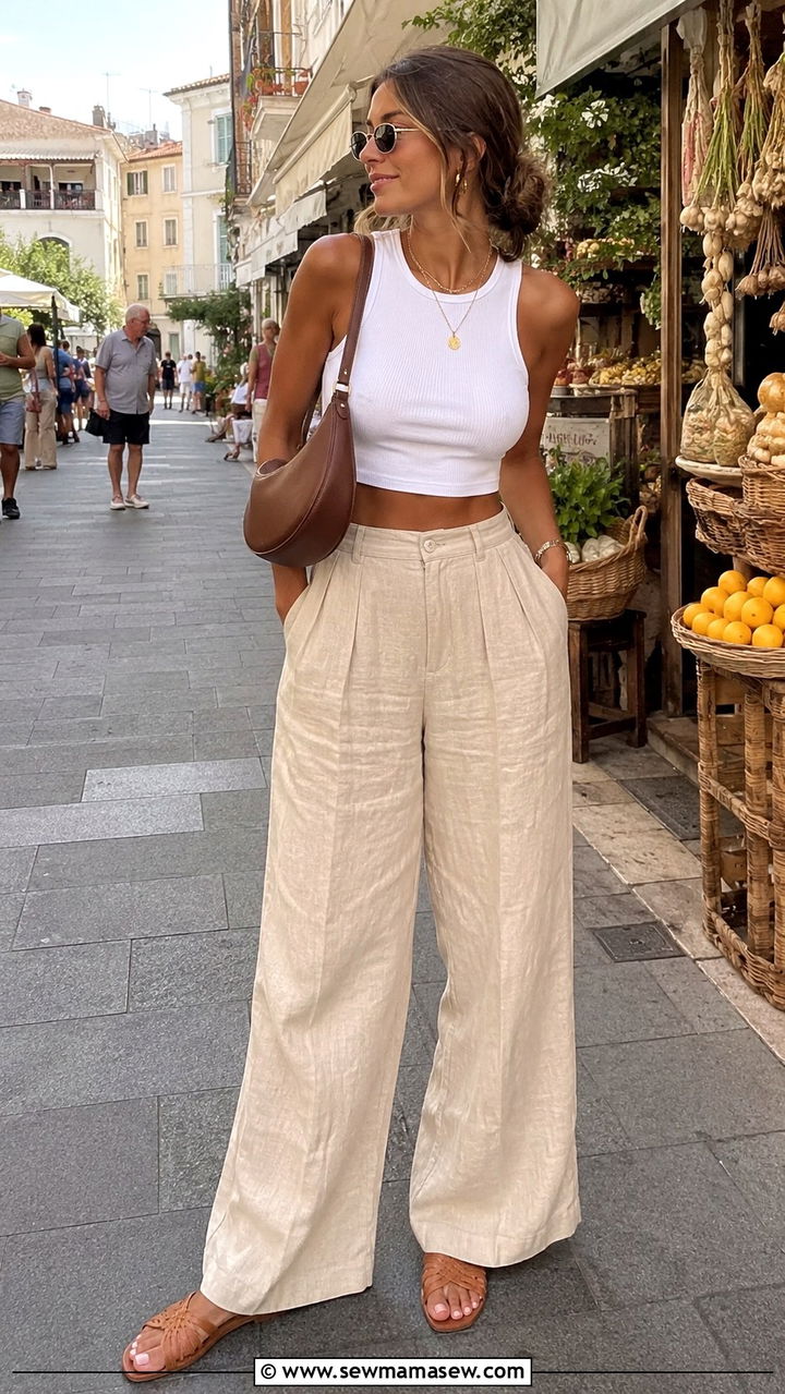 Wide Leg Linen Pants And Cropped Tank Outfit - 25 seasonal travel outfit ideas