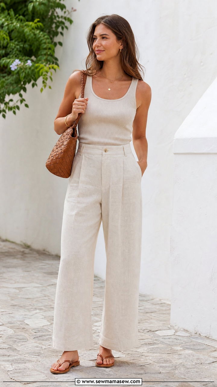 Wide Leg Linen Pants And Tank Top Outfit - 30 Summer capsule wardrobe minimalist