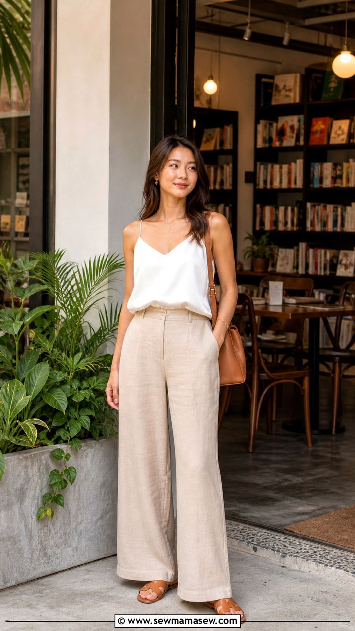 Wide Leg Linen Pants Strappy Camisole Flat Sandals - 40 Singapore outfit ideas