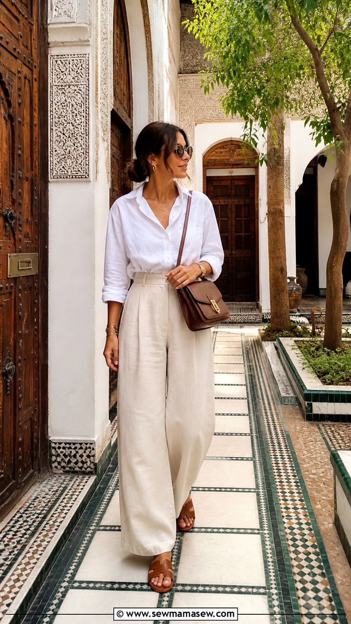 Wide Leg Linen Pants With A Breezy Button Down Blouse - 40 Marrakech outfit ideas