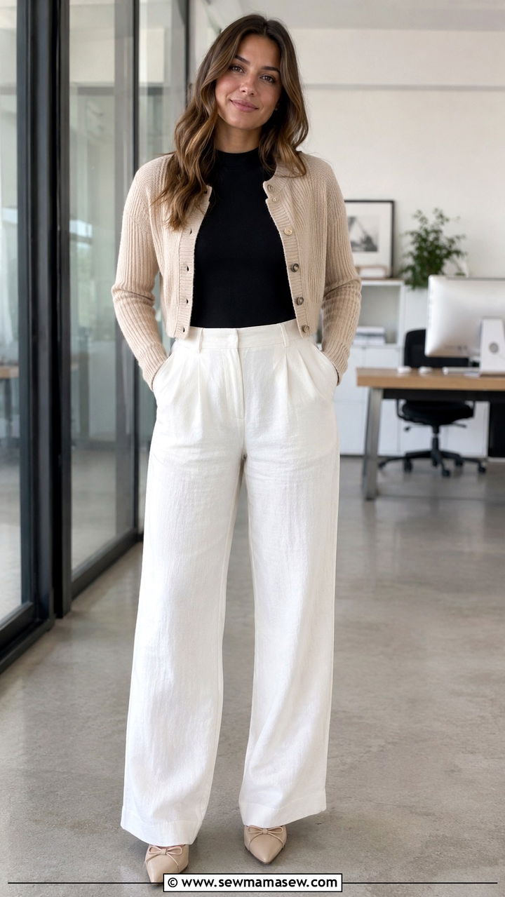 Wide Leg Linen Pants With Bodysuit and Cropped Cardigan - 25 Wide leg linen pants outfit ideas for work
