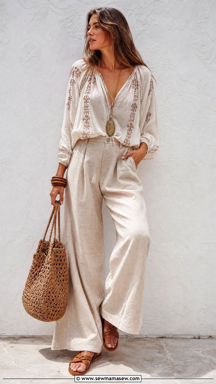 Wide Leg Linen Pants With Boho Blouse And Sandals - 25 Boho outfit ideas with sandals