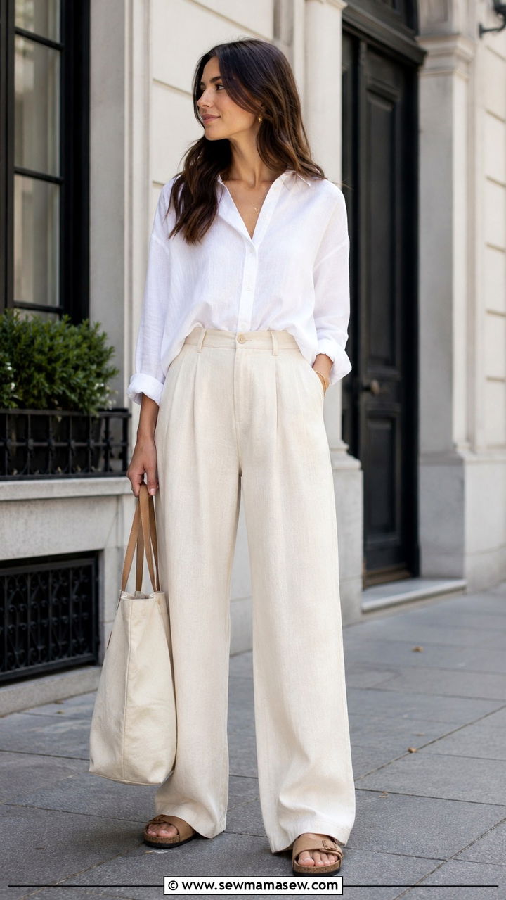 Wide Leg Linen Pants With Boxy Button Up Outfit - 25 Modest outfit ideas for summer heat hot weather