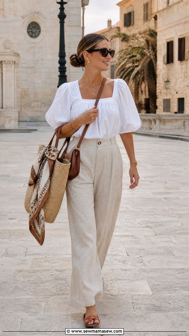 Wide Leg Linen Pants With Breezy Blouse For European Port Days - 30 Cruise excursion outfit ideas