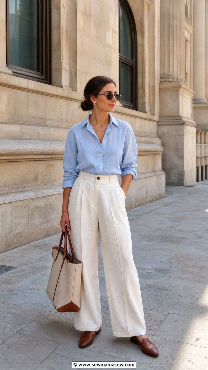 Wide Leg Linen Pants With Button Up Blouse - 25 Vacation outfit ideas modest women