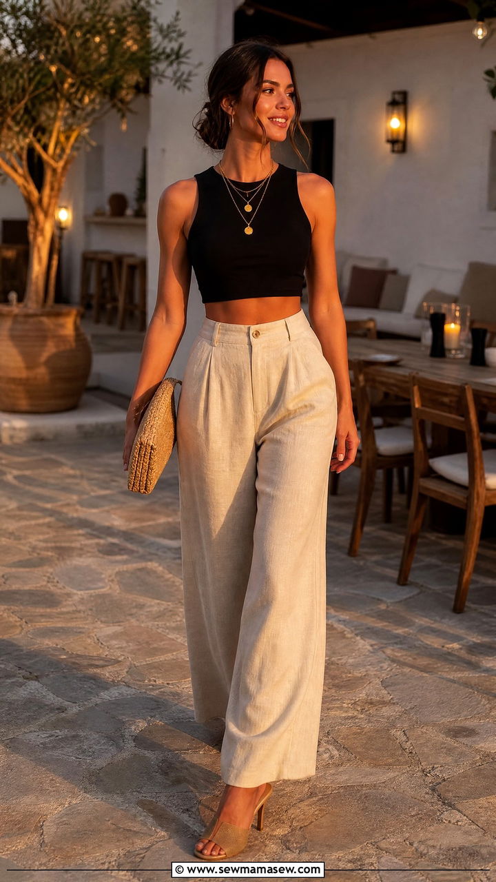 Wide Leg Linen Pants With Crop Top Outfit - 30 summer night out outfit ideas
