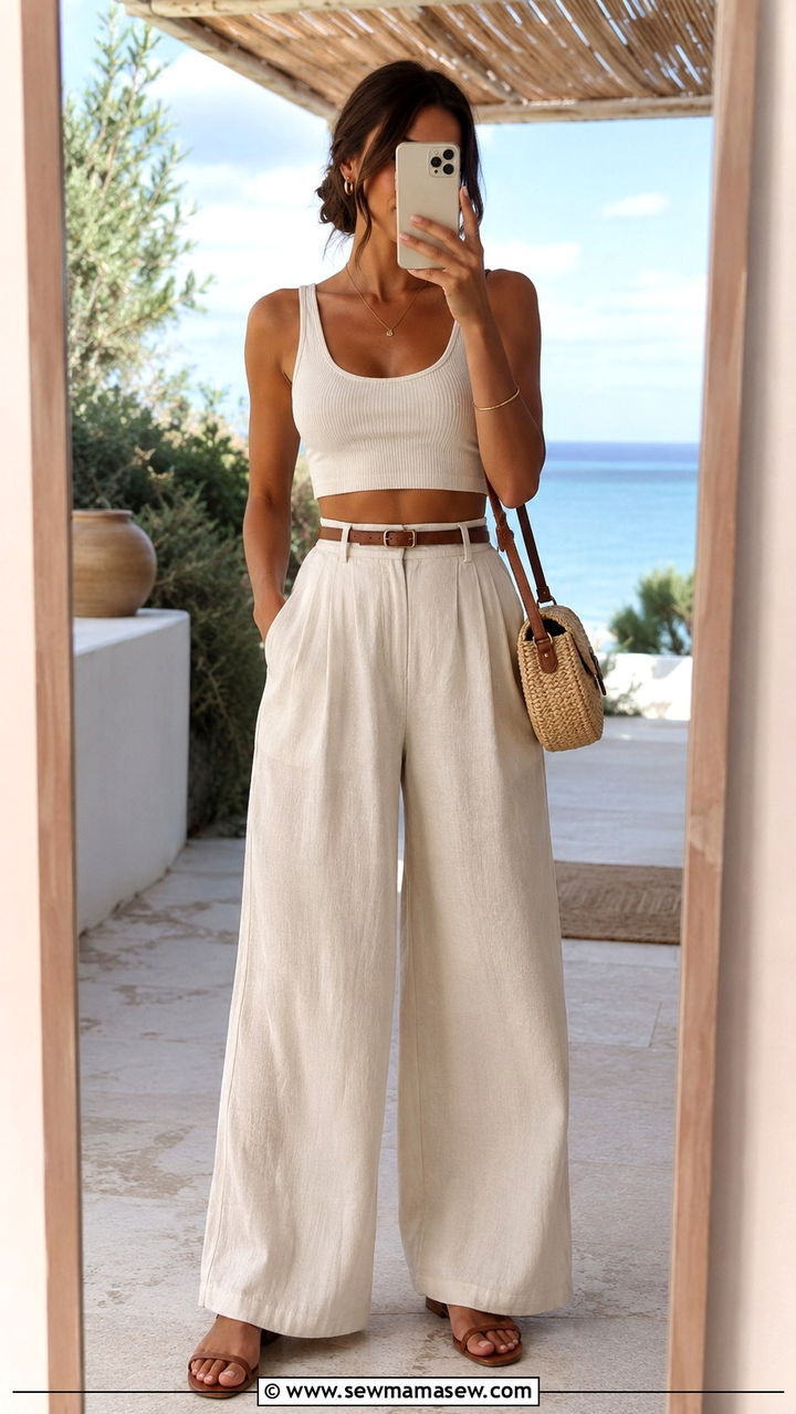 Wide Leg Linen Pants With Crop Top Resort Look - 25 seasonal resort vacation outfit ideas