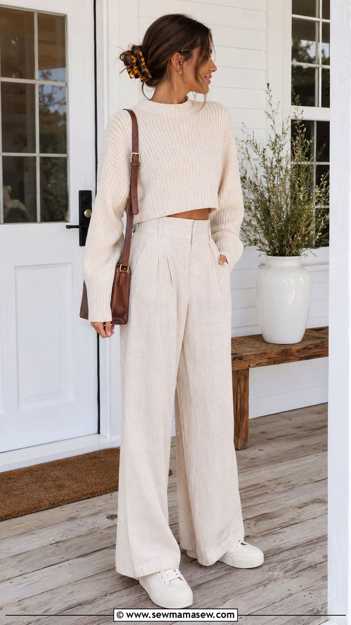 Wide Leg Linen Pants With Cropped Knit Sweater And Sneakers - 25 Wide leg linen pants outfit ideas with sneakers