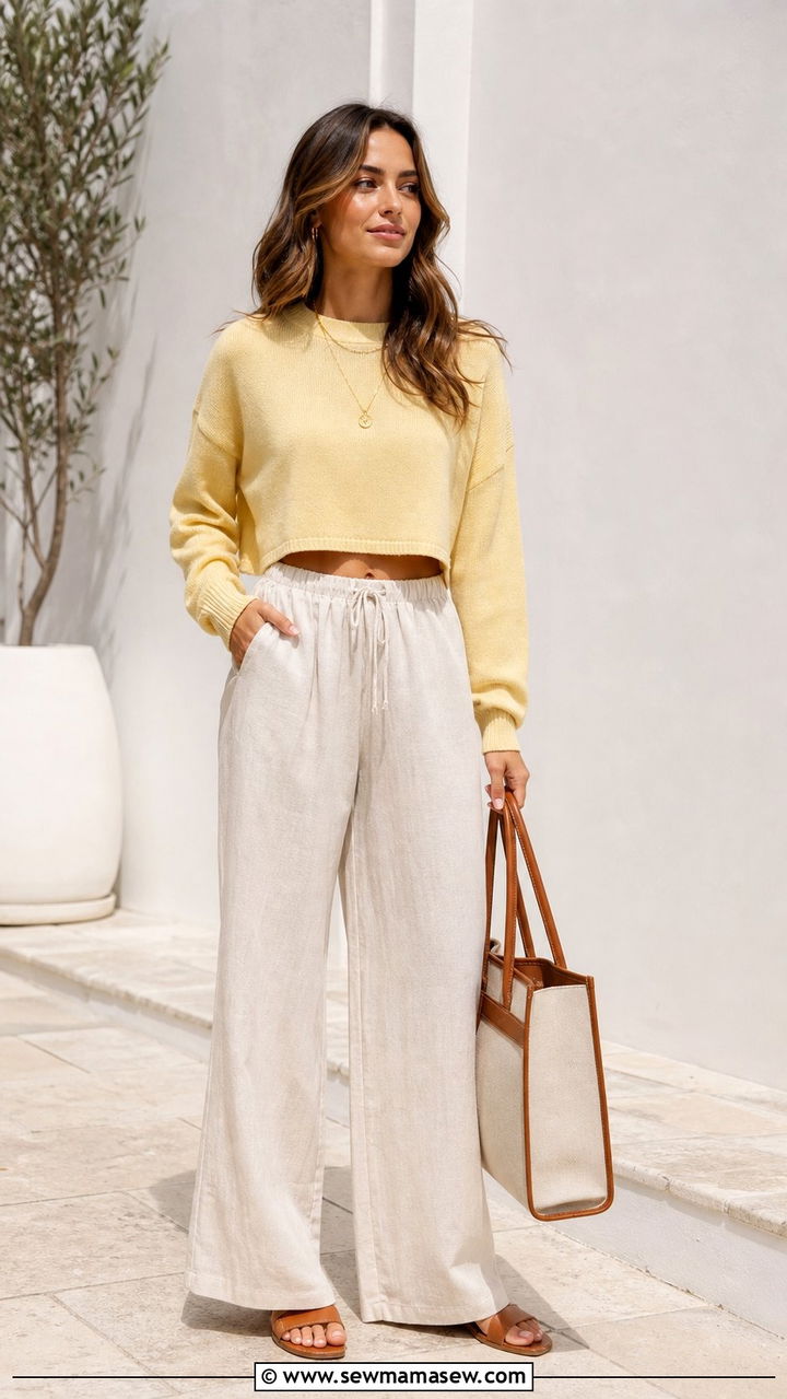 Wide Leg Linen Pants With Cropped Sweater Outfit - 25 Spring outfit templates
