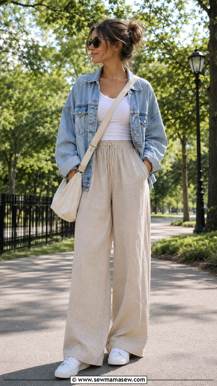 Wide Leg Linen Pants With Denim Jacket And White Tank - 25 Wide leg linen pants outfit ideas with a tank top