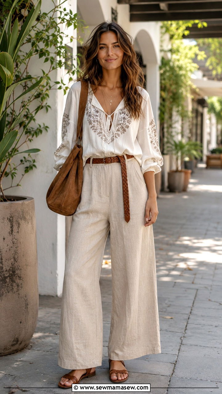 Wide Leg Linen Pants With Embroidered Peasant Top - 30 boho capsule wardrobe outfits
