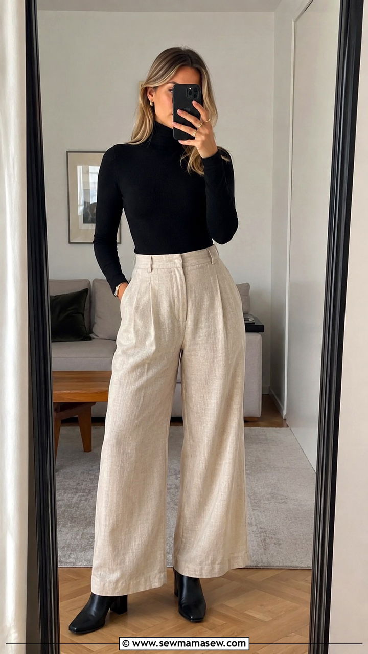 Wide Leg Linen Pants With Fitted Turtleneck and Ankle Boots - 25 Wide leg linen pants outfit ideas for work