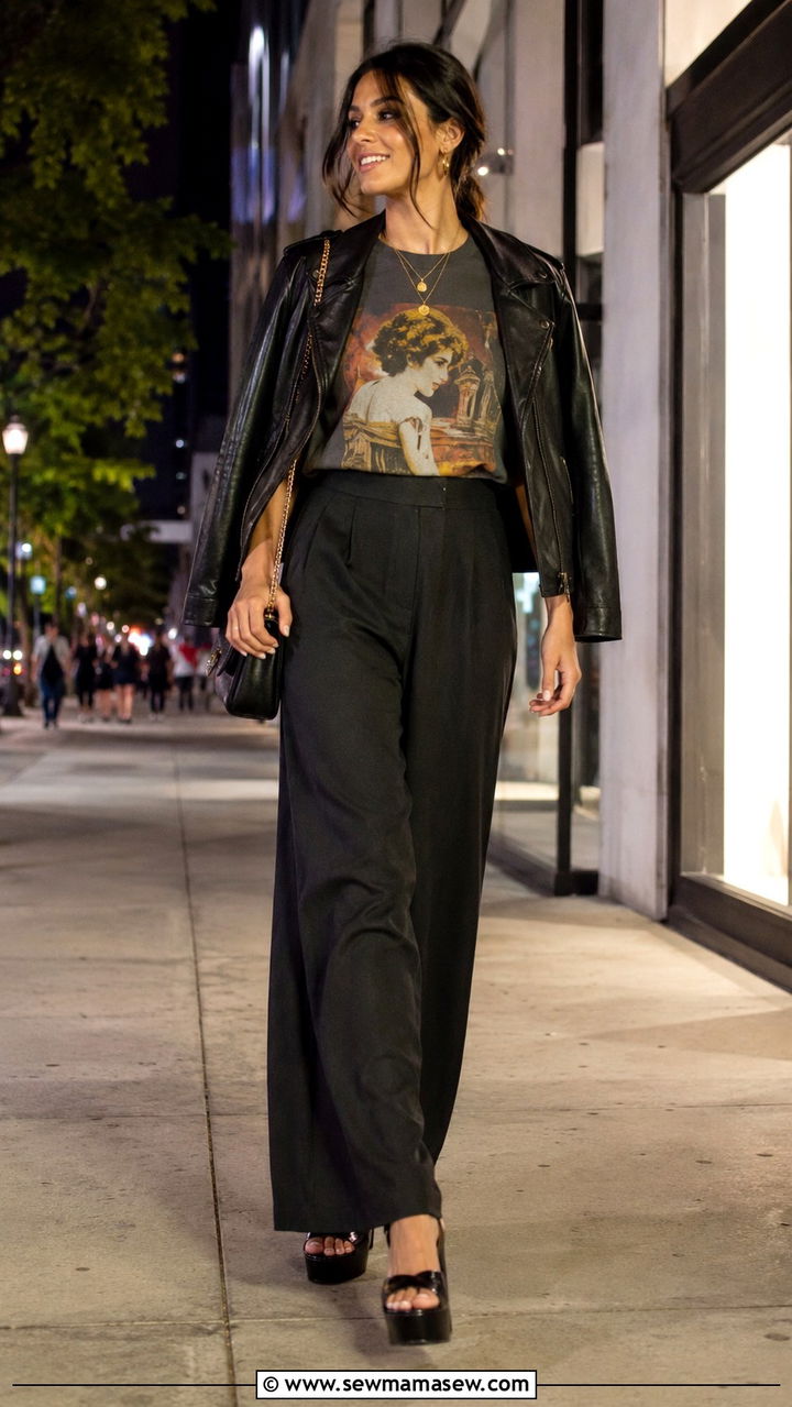 Wide Leg Linen Pants With Graphic Tee And Chunky Block Heels - 25 Wide leg linen pants outfit ideas with heels