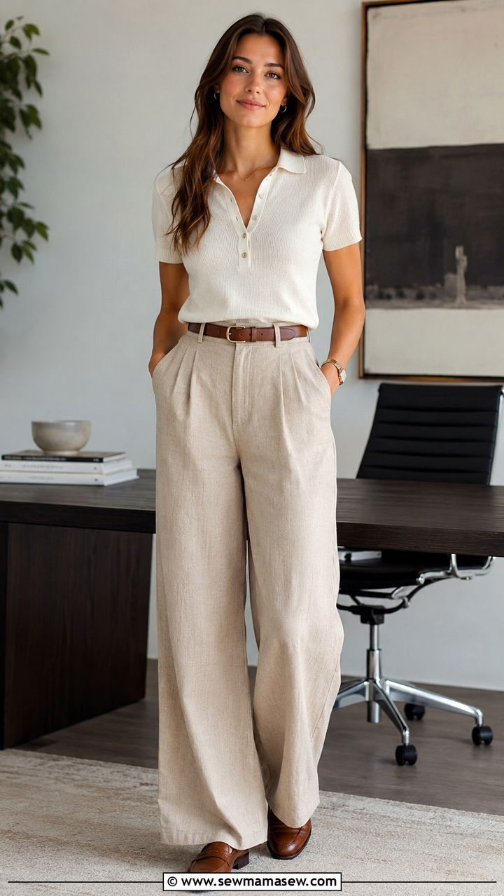 Wide Leg Linen Pants With Knit Polo and Slim Leather Belt - 25 Wide leg linen pants outfit ideas for work
