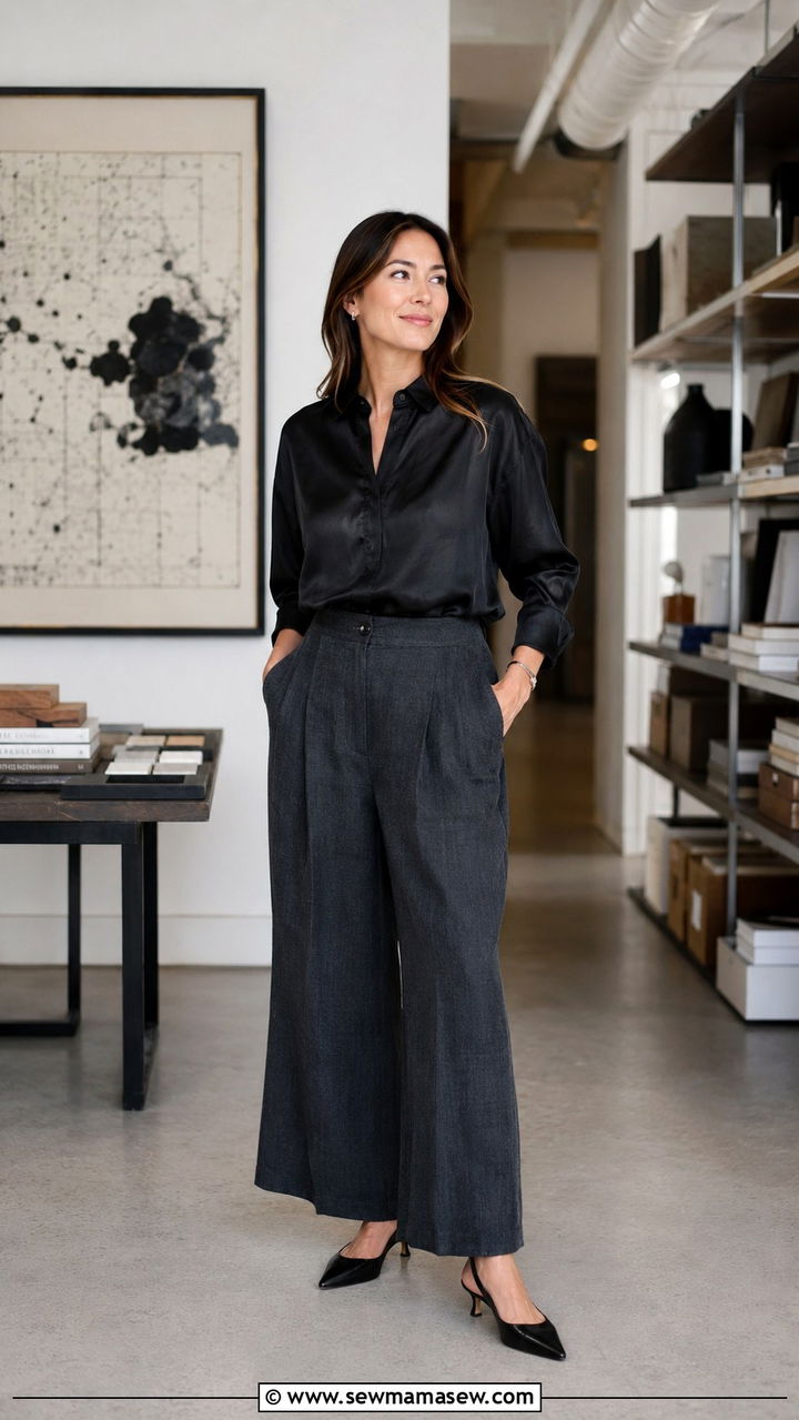 Wide Leg Linen Pants With Mandarin Collar Top and Kitten Heels - 25 Wide leg linen pants outfit ideas for work