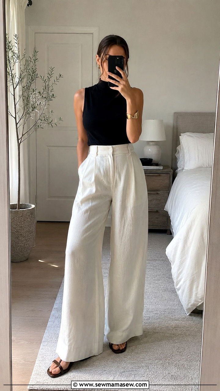 Wide Leg Linen Pants With Mock Neck Tank and Minimalist Sandals - 25 Wide leg linen pants outfit ideas for work