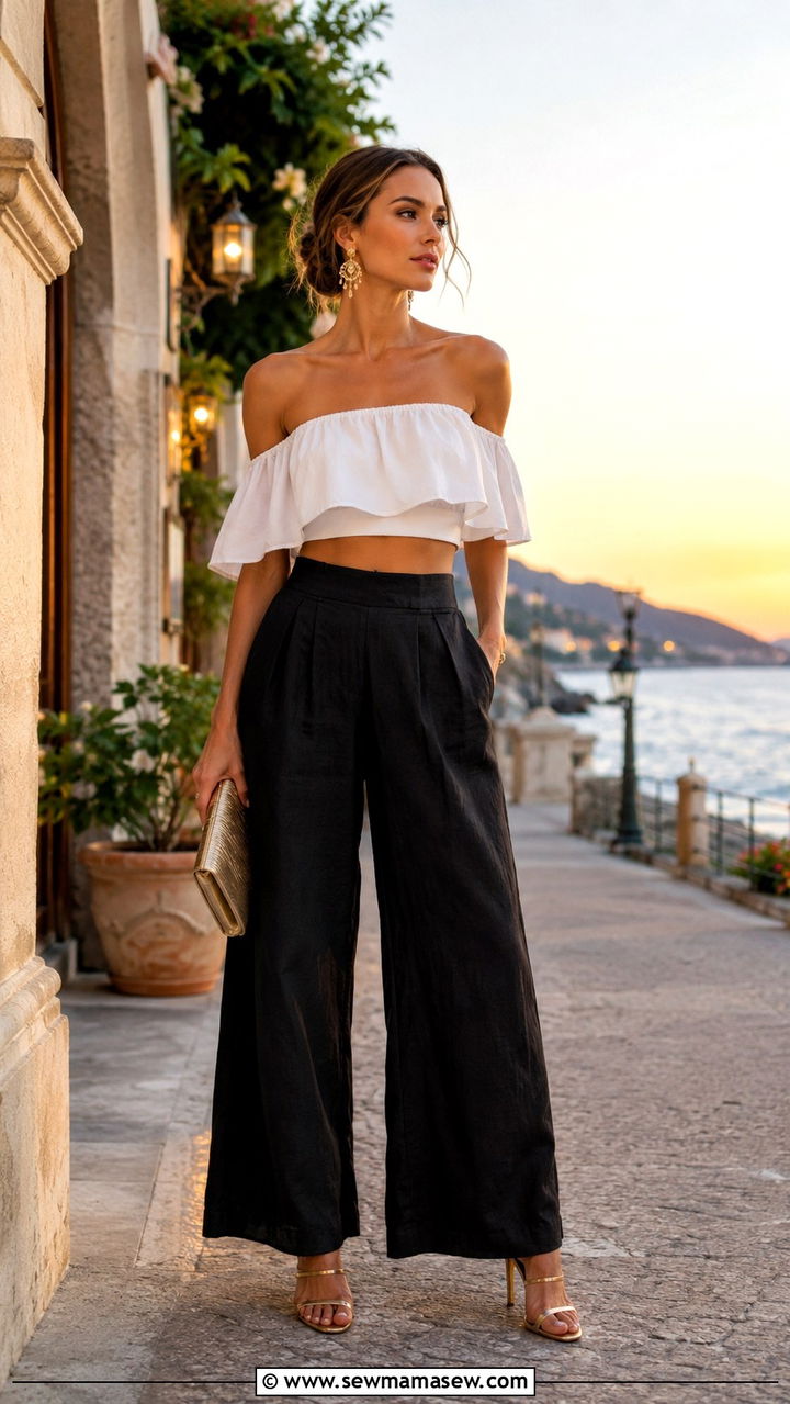 Wide Leg Linen Pants With Off Shoulder Crop Top - 25 Wide leg linen pants outfit ideas with a crop top