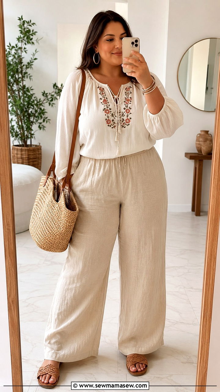 Wide Leg Linen Pants With Peasant Top - 30 Boho outfit ideas plus size