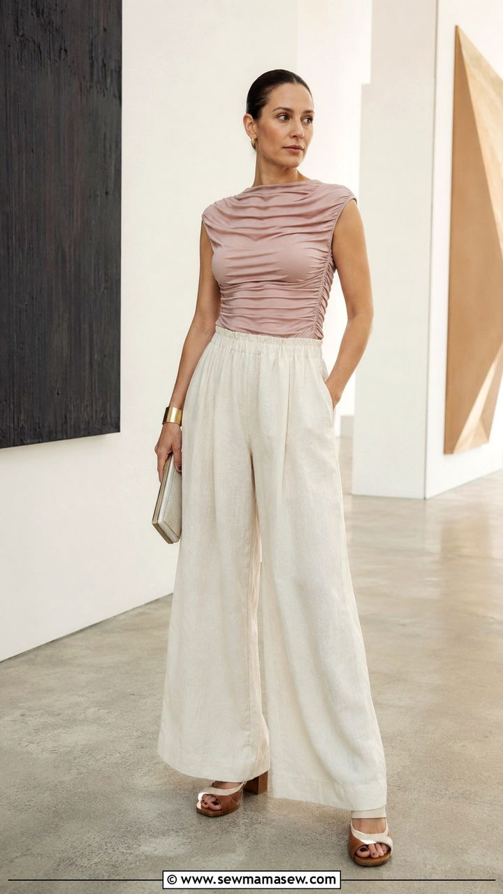 Wide Leg Linen Pants With Ruched Top And Sculptural Heels - 25 Wide leg linen pants outfit ideas with heels