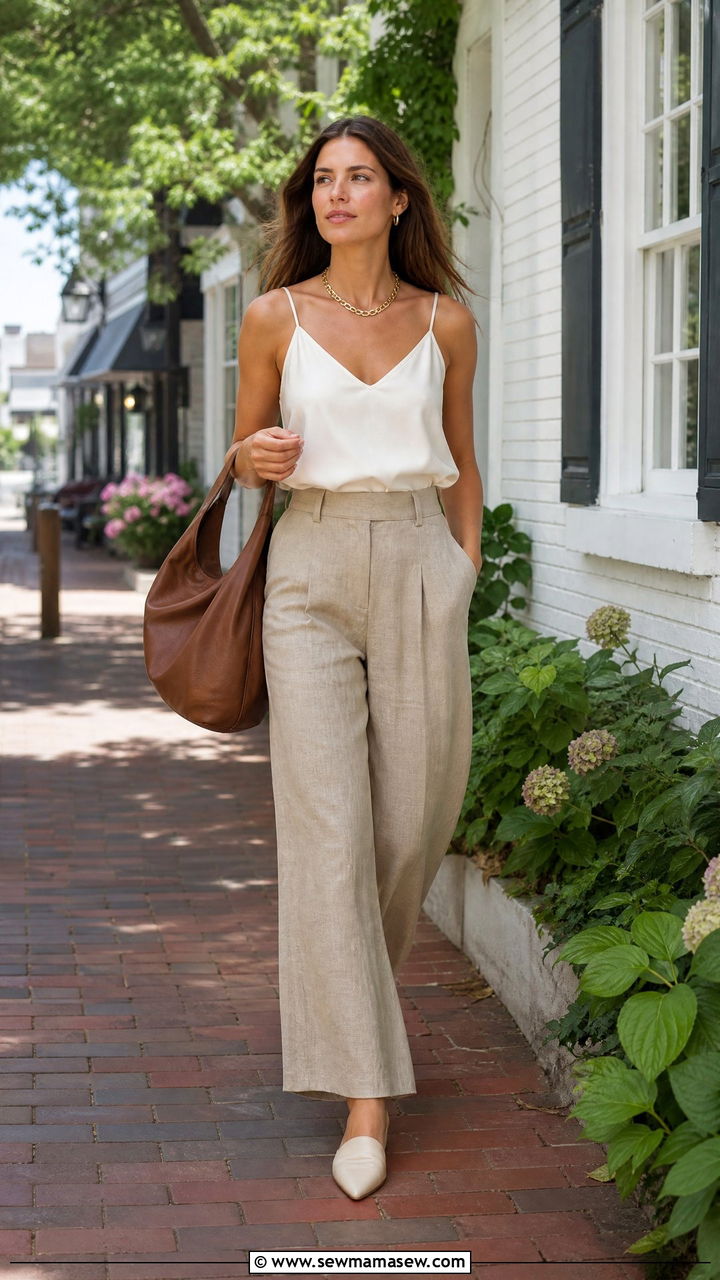Wide Leg Linen Pants With Silk Cami Top - 25 Hamptons outfit ideas 2026