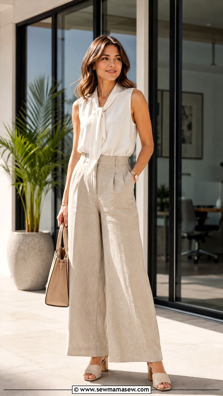 Wide Leg Linen Pants With Sleeveless Blouse and Mules - 25 Wide leg linen pants outfit ideas for work