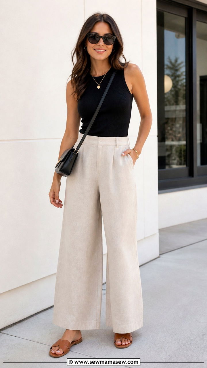 Wide Leg Linen Pants With Slide Sandals - 40 Summer outfits with sandals