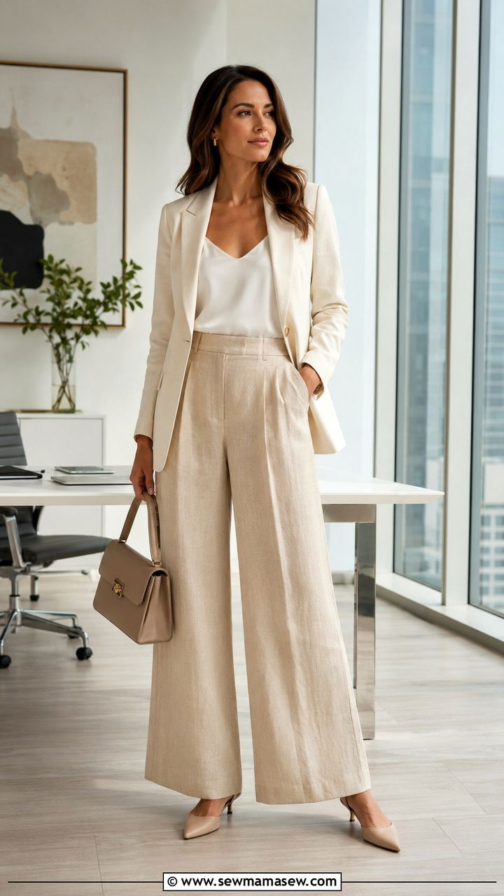 Wide Leg Linen Pants With Tailored Blazer And Kitten Heels - 25 Wide leg linen pants outfit ideas with heels
