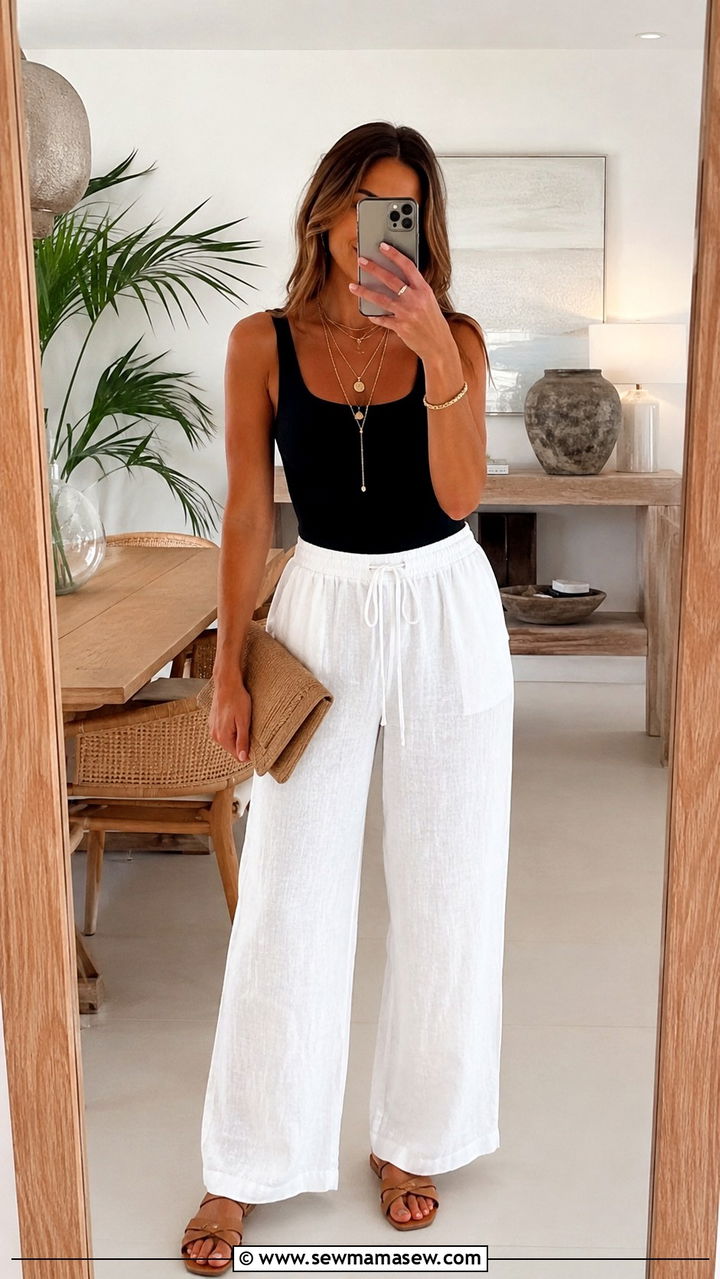 Wide Leg Linen Pants With Tank And Layered Gold Necklaces - 25 Wide leg linen pants outfit ideas with a tank top