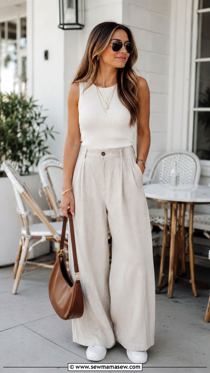 Wide Leg Linen Pants With Tank Top And Layered Necklaces - 25 Wide leg linen pants outfit ideas with sneakers
