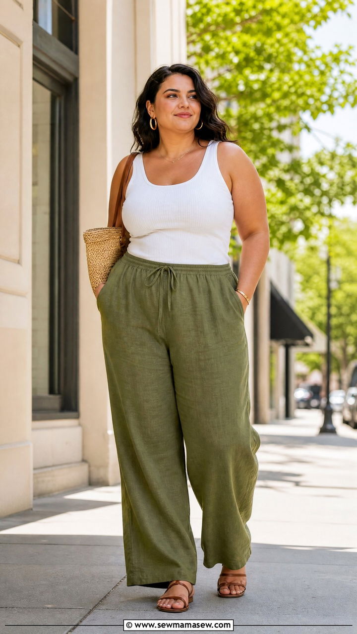 Wide Leg Linen Pants With Tank Top - 30 summer outfits for plus size women