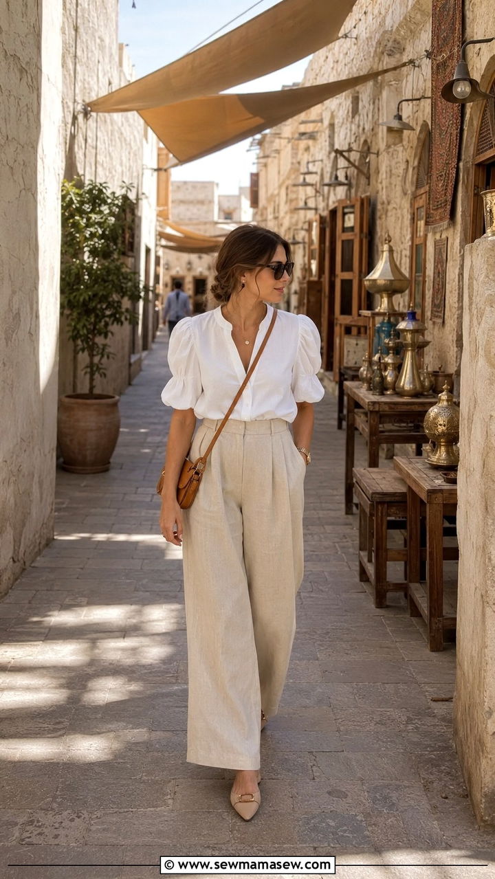 Wide Leg Linen Pants With Tucked Blouse - 30 Dubai vacation outfit ideas modest