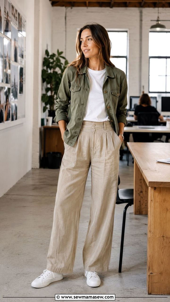 Wide Leg Linen Pants With Utility Jacket and Clean Sneakers - 25 Wide leg linen pants outfit ideas for work