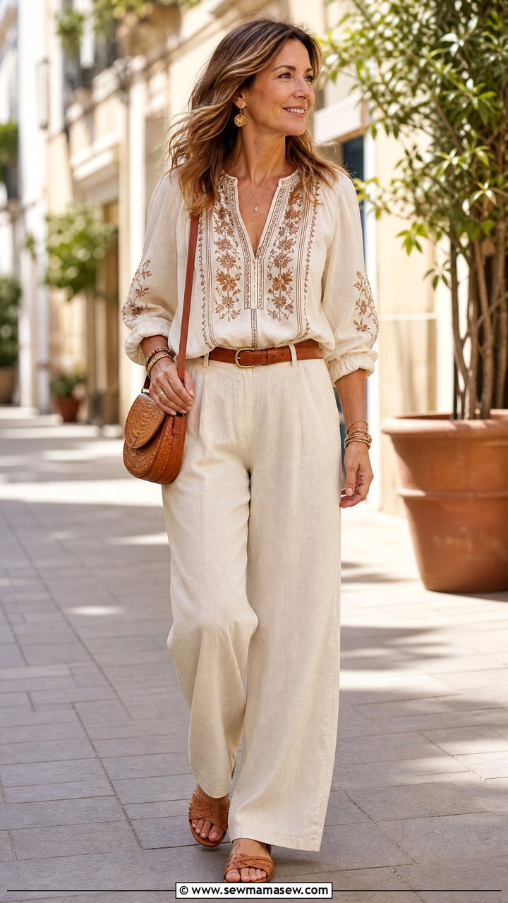 Wide Leg Linen Pants and Embroidered Blouse - 30 boho chic outfit ideas for women over 40