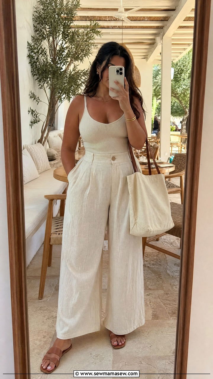 Wide Leg Linen Pants and Fitted Ribbed Tank - 30 Curvy girl summer outfit ideas